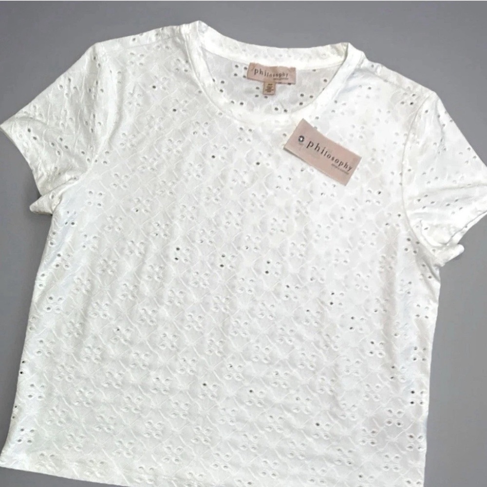 NWT Philosophy Women's Short Sleeve Top White w/Allover Eyelet Detail Size M